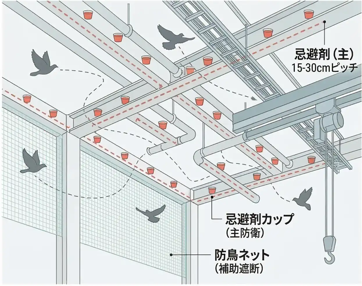 工場・倉庫の天井面（忌避剤＋ネット）