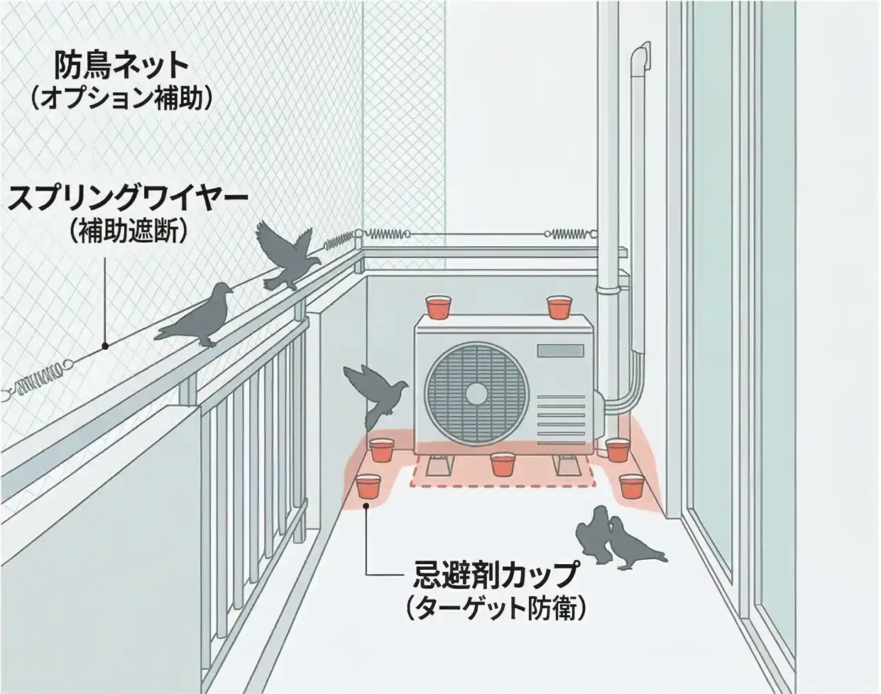 マンションのベランダ（忌避剤＋ワイヤー/ネット）